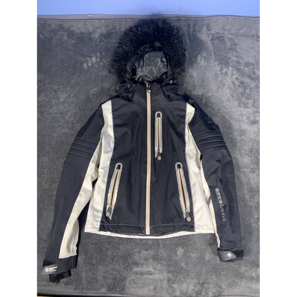 Superdry Snow Sleek Piste Ski Jacket Women US 4 Faux Fur Hood Black White 0210
